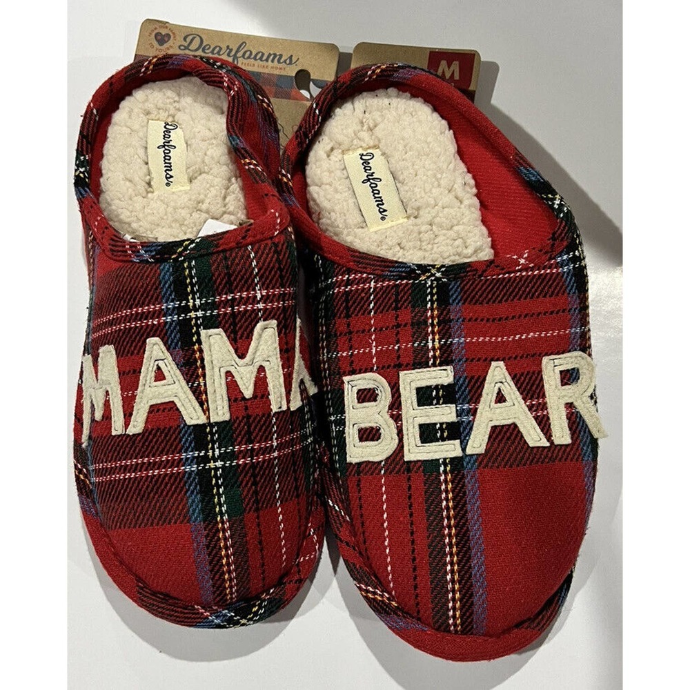 Dearfoams Mama Bear Red Plaid Slippers Womens Size Medium 7-8